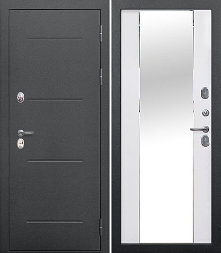 Дверь входная метал. FERRONI ISOTERMA MP 860 2050 L (Серебро Эмалит белый Зеркало фацет 110мм)
